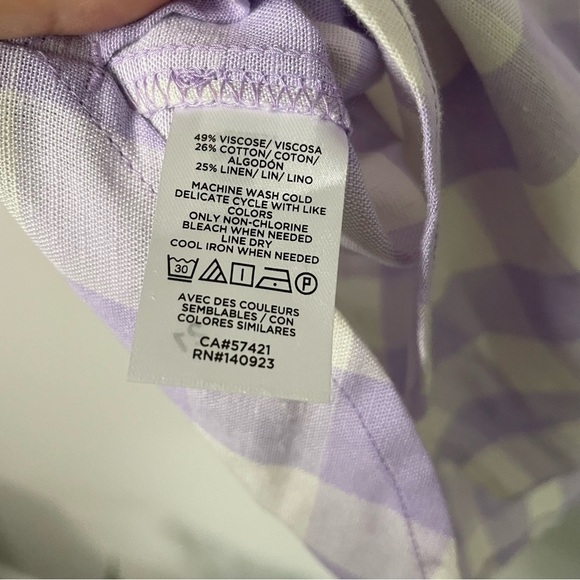 [LOFT] Purple and White Check Print Popover Linen Blend Short Sleeve Top - Picture 5 of 7